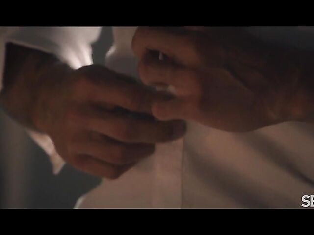 Blindfolded Jenny Wild in a black lingerie having erotic sex after dark with Angelo Godshack