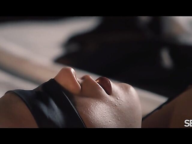 Blindfolded Jenny Wild in a black lingerie having erotic sex after dark with Angelo Godshack