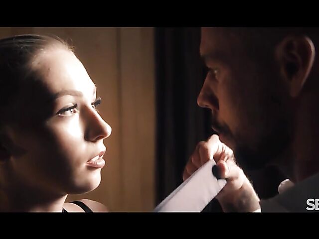 Blindfolded Jenny Wild in a black lingerie having erotic sex after dark with Angelo Godshack