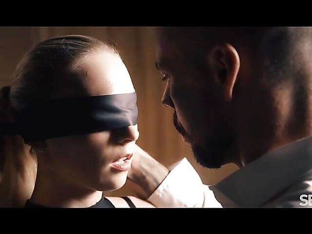 Blindfolded Jenny Wild in a black lingerie having erotic sex after dark with Angelo Godshack