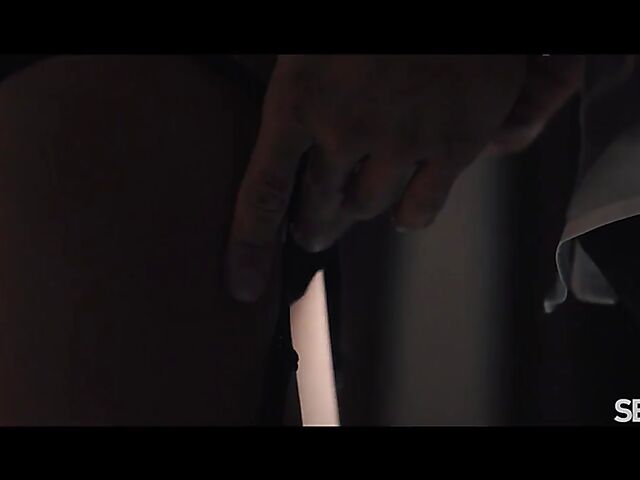 Blindfolded Jenny Wild in a black lingerie having erotic sex after dark with Angelo Godshack