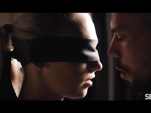 Blindfolded Jenny Wild in a black lingerie having erotic sex after dark with Angelo Godshack