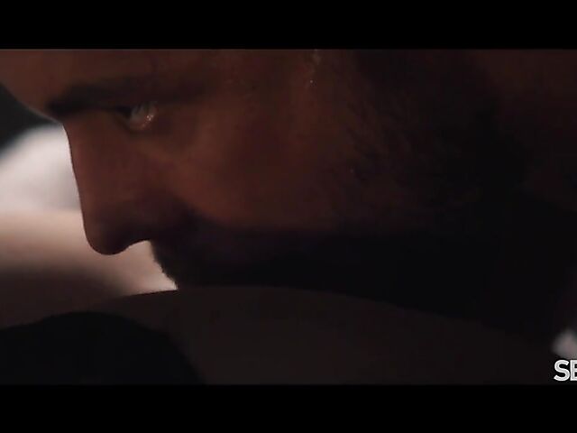 Blindfolded Jenny Wild in a black lingerie having erotic sex after dark with Angelo Godshack