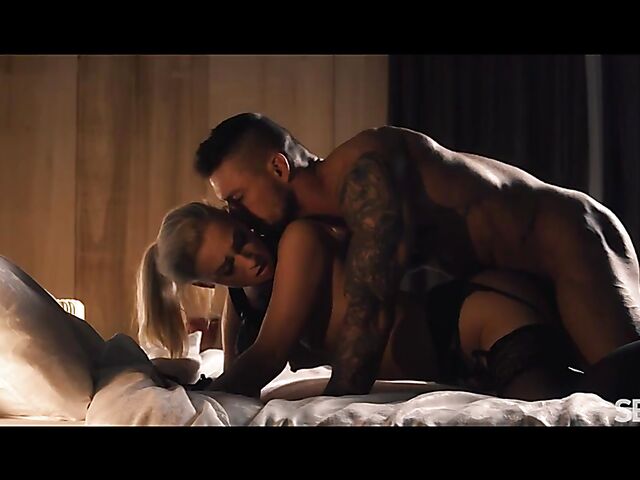 Blindfolded Jenny Wild in a black lingerie having erotic sex after dark with Angelo Godshack