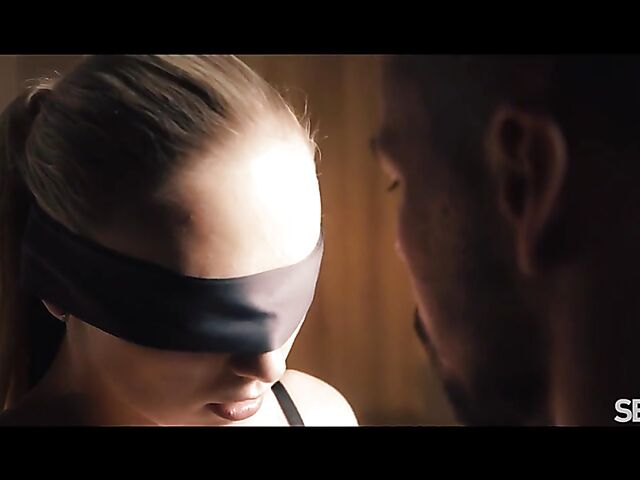 Blindfolded Jenny Wild in a black lingerie having erotic sex after dark with Angelo Godshack