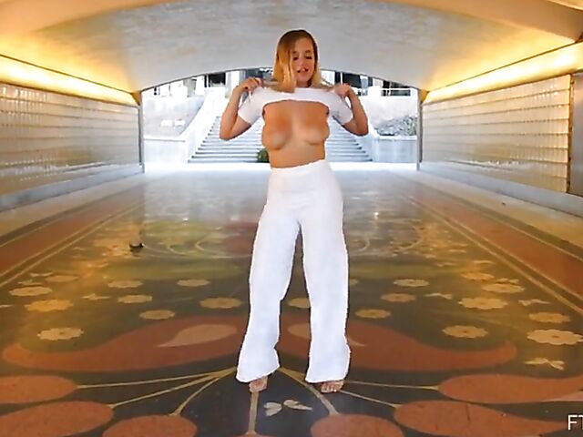 Public flashing and orgasmic dildo riding with naturally titted toys addict Blake Blossom