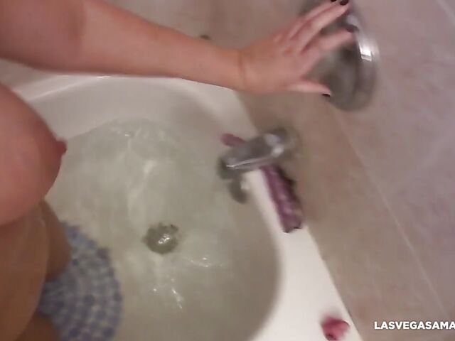 Dildo and faucet masturbation and bathroom blowjob