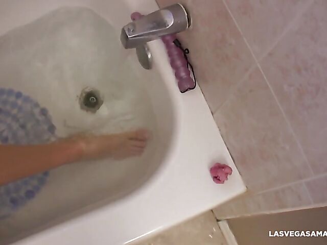 Dildo and faucet masturbation and bathroom blowjob