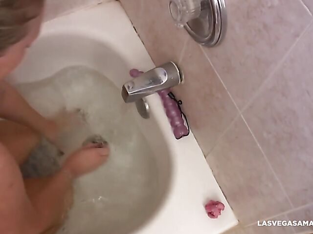 Dildo and faucet masturbation and bathroom blowjob