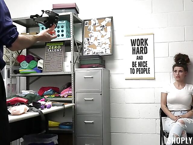 Shoplifter with big natural boobs Indica Flower caught stealing dildos