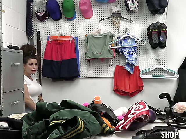 Shoplifter with big natural boobs Indica Flower caught stealing dildos