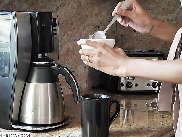 Morning coffee and kitchen sex in panties and shoes with skinny Kylie Le Beau