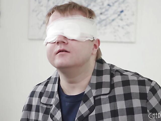 Blindfolded cuckold husband can't see his skinny redhead wife Vanna Bardot cheat on him