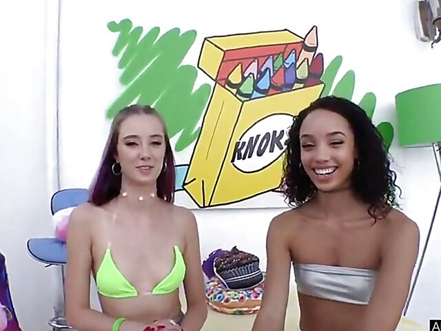 Interracial FFM anal action with ebony and white girls Alexis Tae and Haley Reed