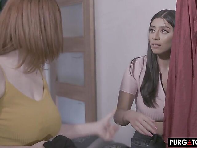 Big tits threesome with shaved redhead Annabel Redd and trimmed brunette Violet Myers