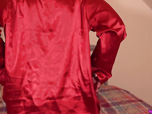 Zara Durose - Redhead masturbation with a hitachi in her red satin pajamas