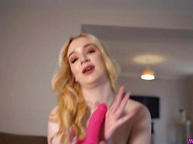 Jerk off instruction and pink dildo fuck with a blonde student in a mini skirt called Lana