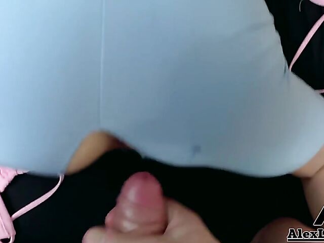 Clothed sex in blue crotchless leggings and doggystyle creampie POV with Alix Lynx