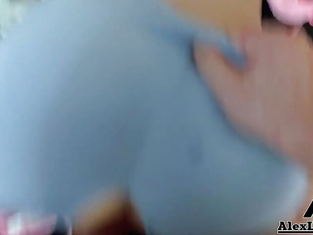 Clothed sex in blue crotchless leggings and doggystyle creampie POV with Alix Lynx