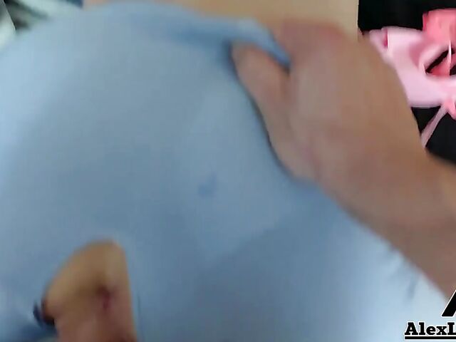 Clothed sex in blue crotchless leggings and doggystyle creampie POV with Alix Lynx