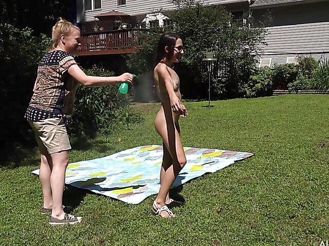 Petite Freya Von Doom's pussy spread in the sun behind the scenes