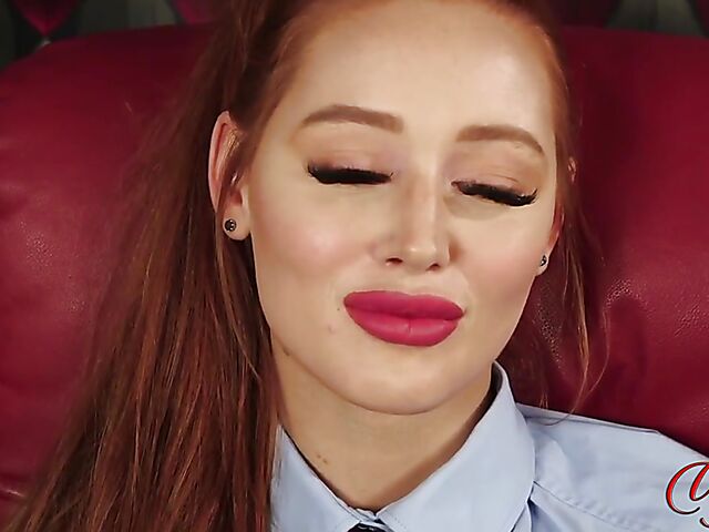 British redhead in uniform Amber Green can't stop watching guy jerk off