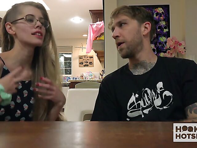 Tall skinny girl with glasses Kyaa changes clothes and gets trained by Bryan Gozzling