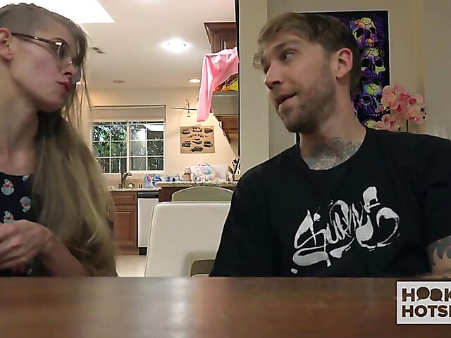 Tall skinny girl with glasses Kyaa changes clothes and gets trained by Bryan Gozzling