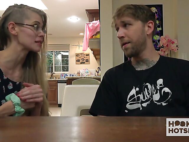 Tall skinny girl with glasses Kyaa changes clothes and gets trained by Bryan Gozzling