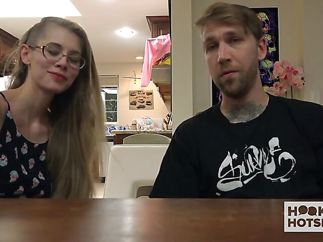 Tall skinny girl with glasses Kyaa changes clothes and gets trained by Bryan Gozzling