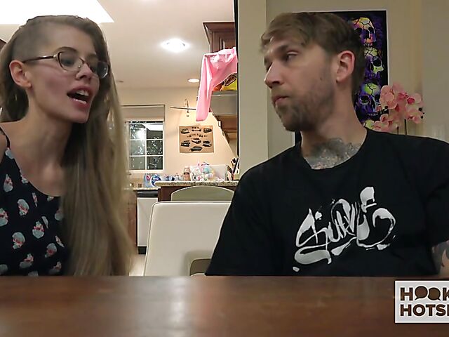 Tall skinny girl with glasses Kyaa changes clothes and gets trained by Bryan Gozzling