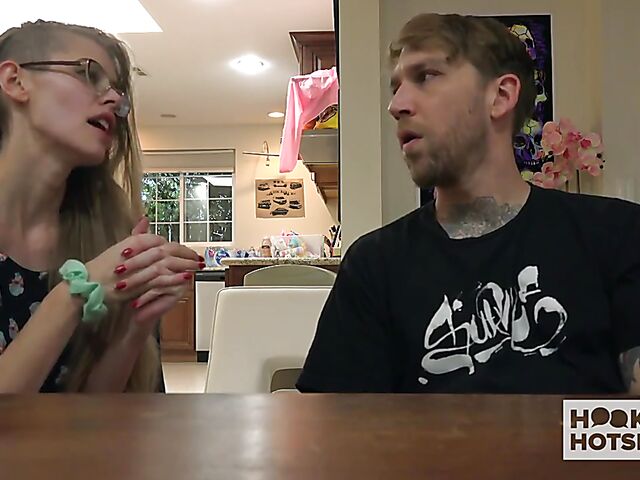 Tall skinny girl with glasses Kyaa changes clothes and gets trained by Bryan Gozzling