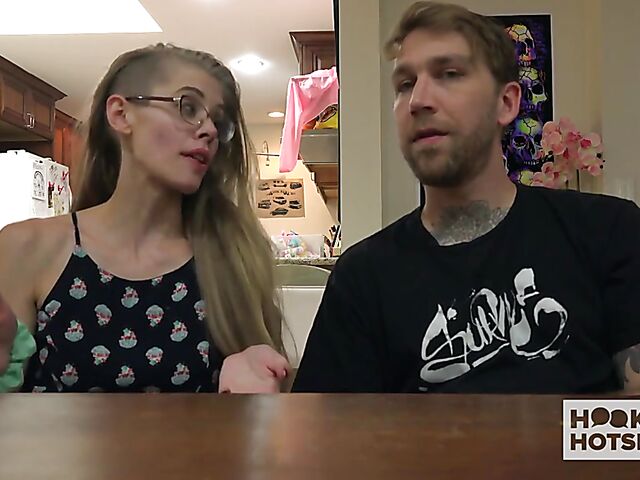 Tall skinny girl with glasses Kyaa changes clothes and gets trained by Bryan Gozzling