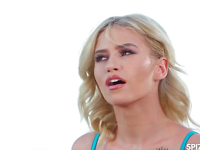 Skinny blonde in lingerie Kiara Cole doing it with Charles Dera outside