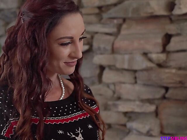 Two petite teens Kenzie Reeves and Lulu Chu have a Christmas threesome