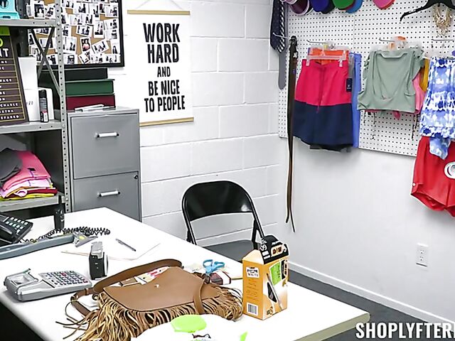 Short haired MILF shoplifter Jessica Ryan totally undressed