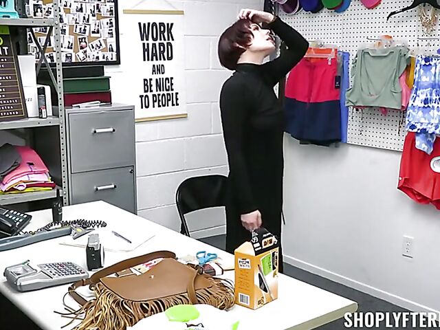 Short haired MILF shoplifter Jessica Ryan totally undressed