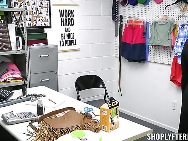 Short haired MILF shoplifter Jessica Ryan totally undressed