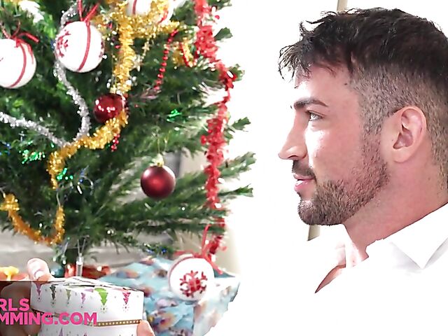 Lovely brunette Alyssa Bounty fucks and gives a rim job on Christmas
