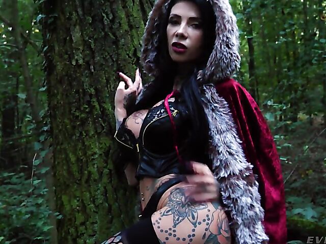 Tattooed witch Megan Inky solo anal dildo gape in the forest