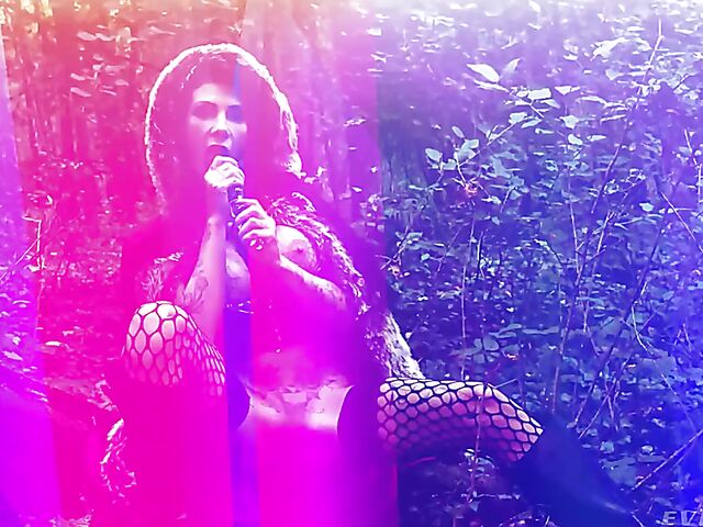 Tattooed witch Megan Inky solo anal dildo gape in the forest