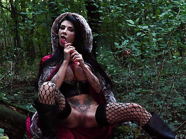 Tattooed witch Megan Inky solo anal dildo gape in the forest