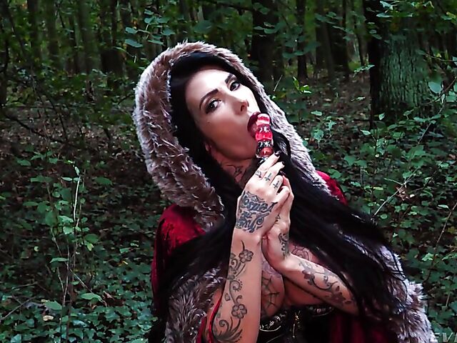 Tattooed witch Megan Inky solo anal dildo gape in the forest