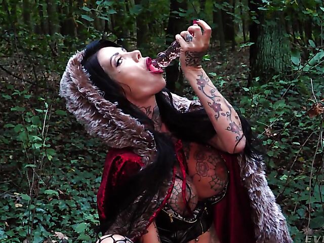Tattooed witch Megan Inky solo anal dildo gape in the forest