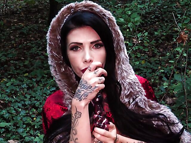 Tattooed witch Megan Inky solo anal dildo gape in the forest