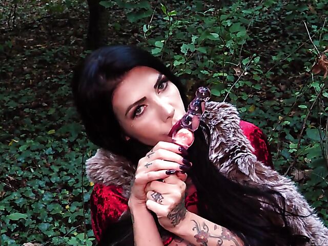 Tattooed witch Megan Inky solo anal dildo gape in the forest