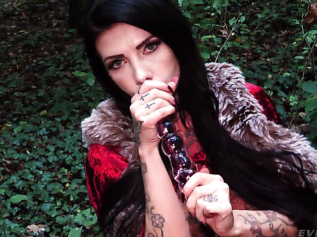 Tattooed witch Megan Inky solo anal dildo gape in the forest