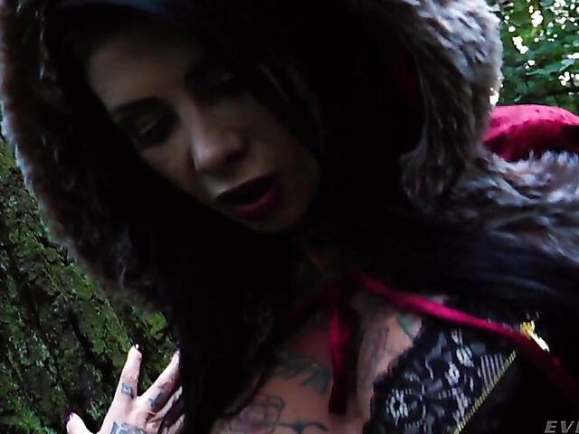 Tattooed witch Megan Inky solo anal dildo gape in the forest
