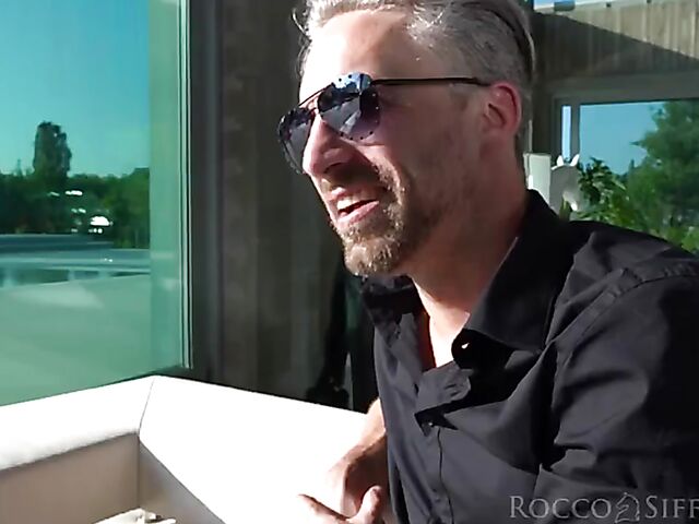 Skinny DP addict Angel Emily gets double pounded by Rocco's guys