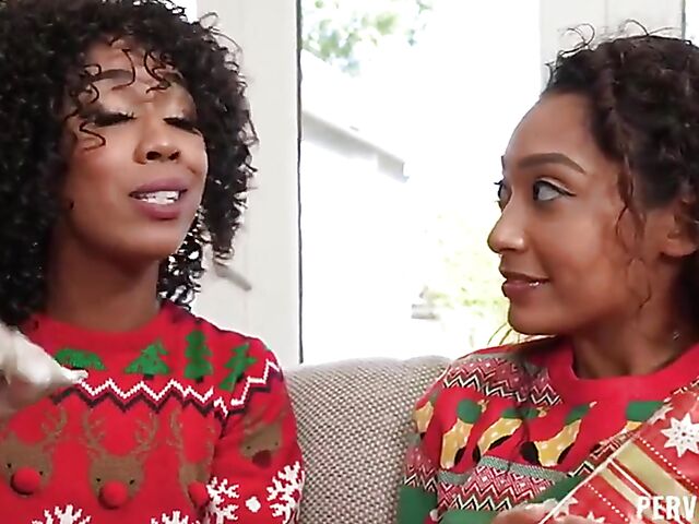 Interracial FFM POV on Xmas with curious Sarah Lace and ebony mom Misty Stone